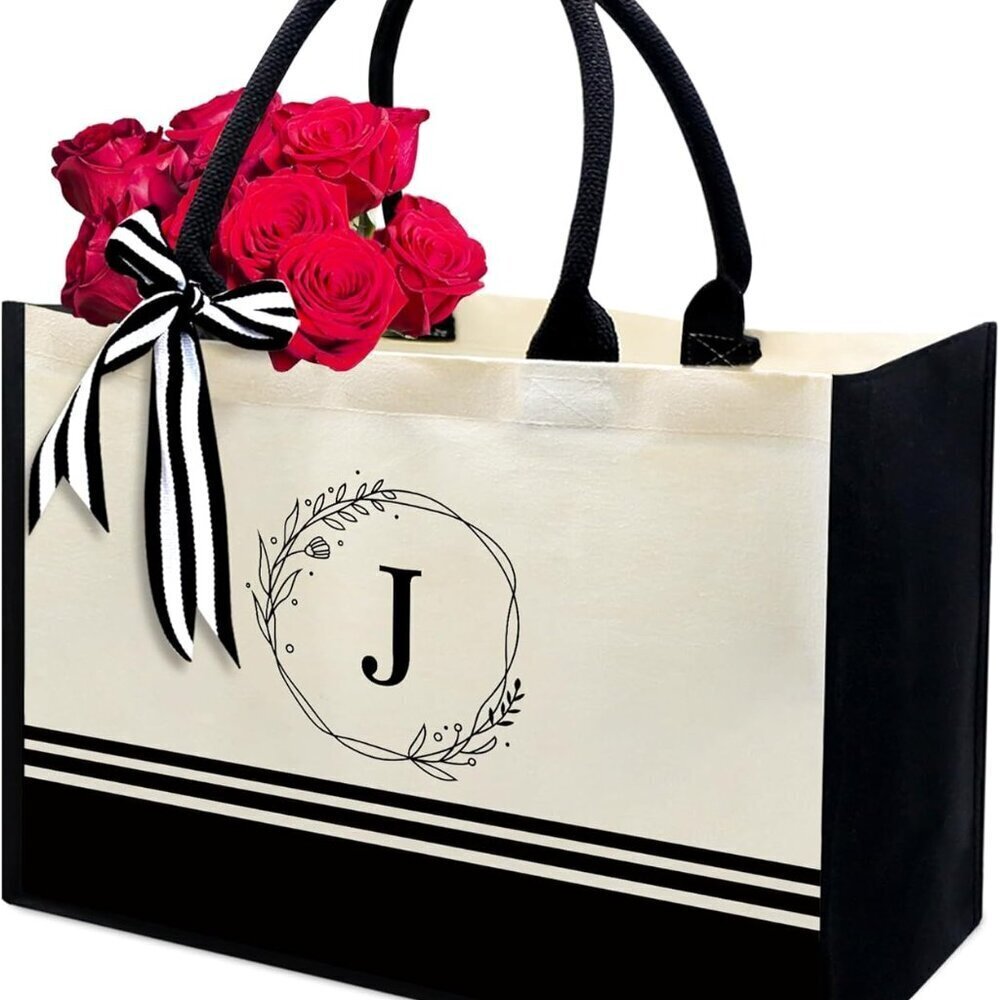 Personalized Canvas Beach Tote Bag Women Monogram Gift for Birthday Wedding
